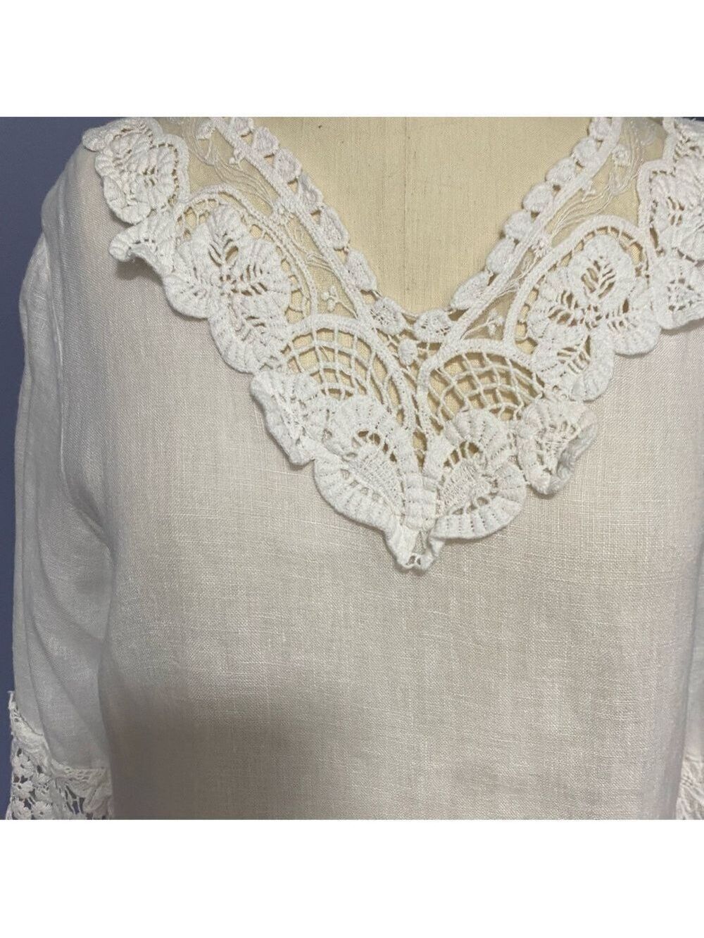 Christine Alexander Linen Boho Crochet Ruffle Bib Blouse Cream Women’s Top med - Picture 3 of 11